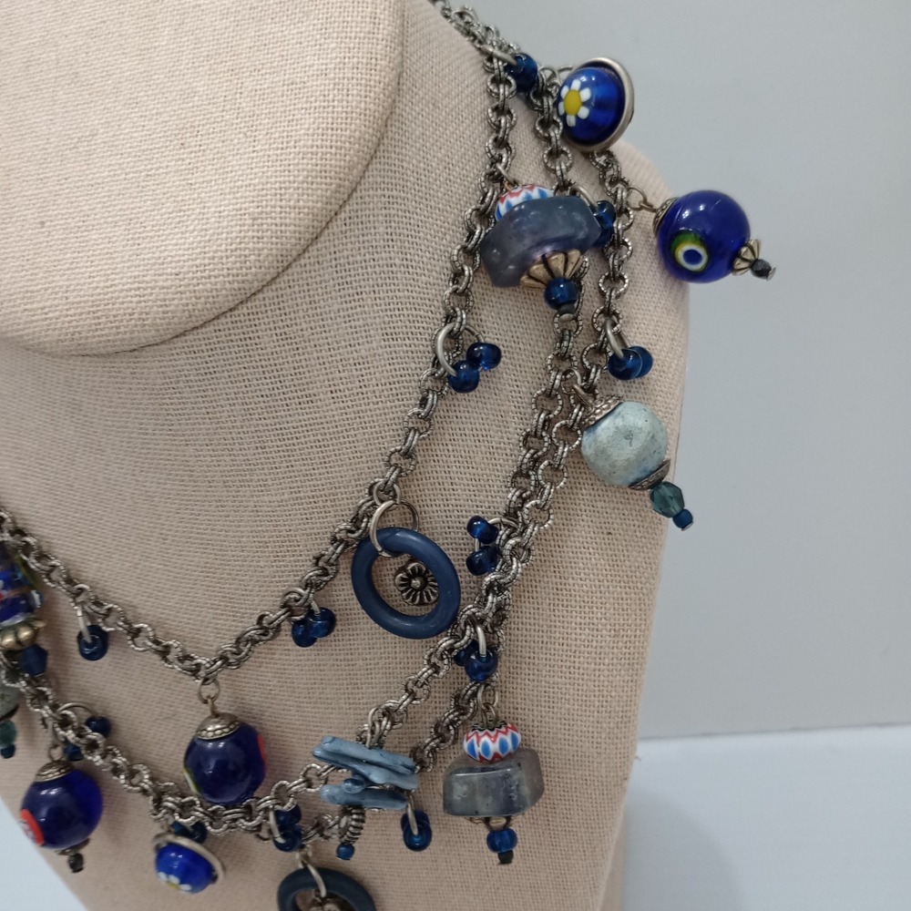 Treska Multi Strand Blue Glass Charm Necklace Silver Tone Signed - Picture 4 of 9
